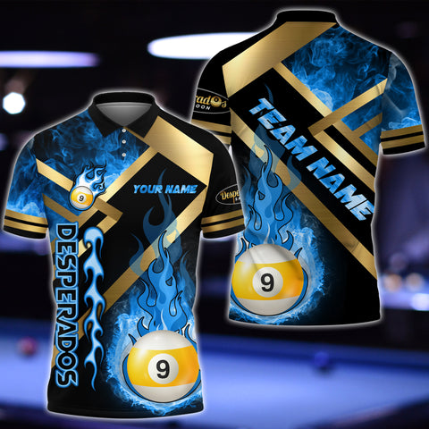 Maxcorners Billiards Ball 9 Metal And Fire Flame Multicolor Option Personalized Name 3D Polo Shirt For James