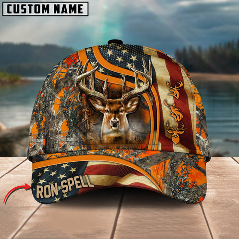 Maxcorners USA Flag Deer Hunting Camouflage Pattern Multicolor Personalized Name 3D Cap For Ron