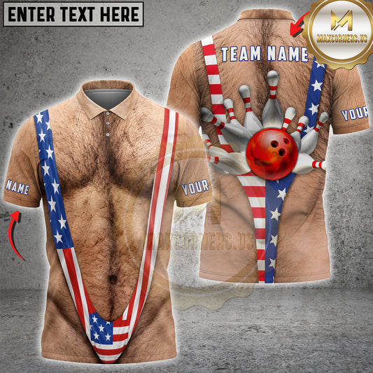 Maxcorners Bowling American Flag Mankini Strike Personalized Name 3D Unisex Shirt