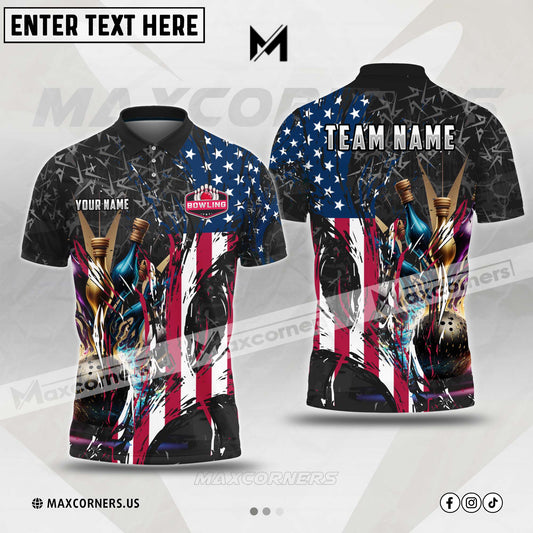 Maxcorners Bowling Ball And Pins Digital American Flag Pattern Multicolor Option Customized Name, Team Name 3D Shirt (4 colors)