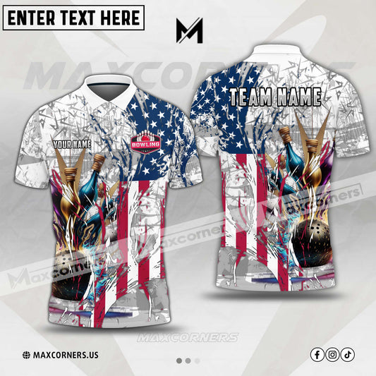 Maxcorners Bowling Ball And Pins Digital American Flag Pattern Multicolor Option Customized Name, Team Name 3D Shirt (4 colors)