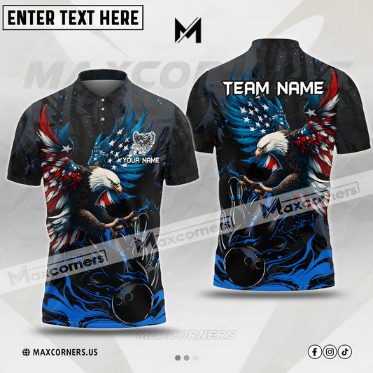 Maxcorners Bowling Almighty American Eagle US Flag Multicolor Customized Name 3D Polo Shirt (4 Colors)