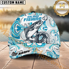 Maxcorners Personalized Salmon Fishing Hat with Custom Name, Artistic Blue Water Pattern Cap, Unique Gift for Freshwater Anglers & Outdoor Fishermen