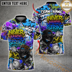 Maxcorners Bowling “Never Miss Strike” Urban Hip-Hop Multicolor Customized Name, Team Name 3D Shirts