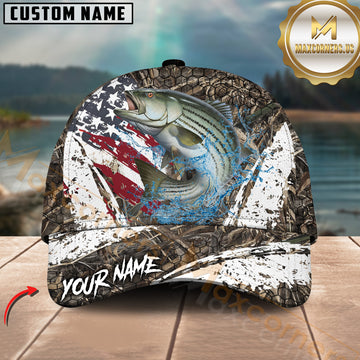 Maxcorners Striped Bass Fishing American Flag Scratch Grass Camo Customized Name 3D Cap