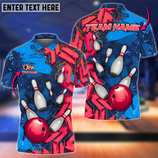 Maxcorners Bowling Ball & Pins Falling Road Abstract Grunge Multicolor Customized Name 3D Polo Shirt (4 Colors)
