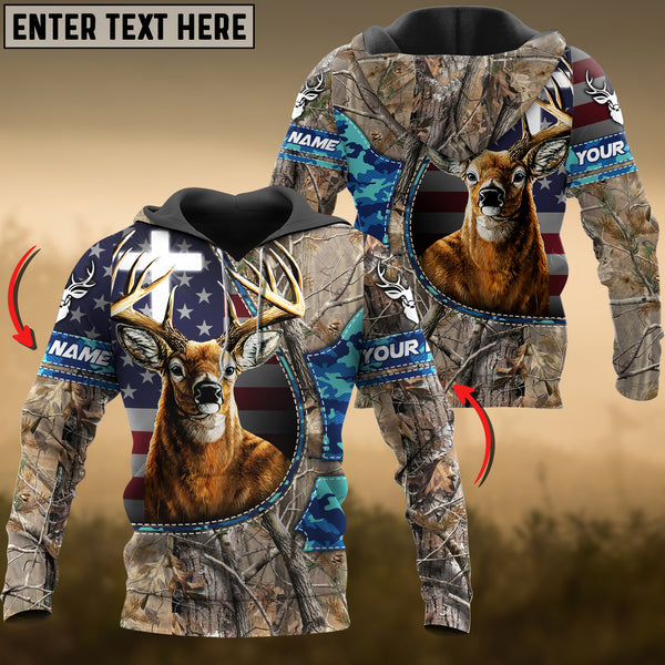 Maxcorners Grass Brown Wilderness Deer Hunting USA Flag Custom Name Shirt 3D All Over Printed Clothes