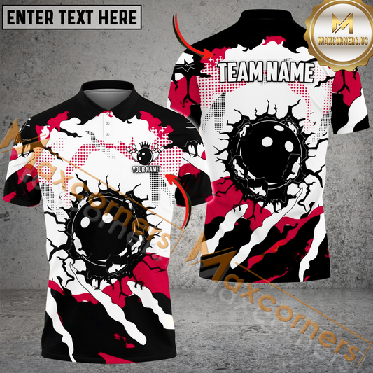 Maxcorners Ball Broken Bowling Jersey Multicolor Customized Name, Team Name 3D Polo Shirt (4 Colors)