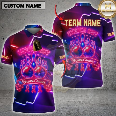 Maxcorners Bowling Strike Out Breast Cancer Neon Style Personalized Name, Team Name Unisex 3D Shirt