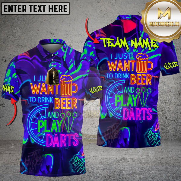 Maxcorners Darts I Just Want To Drink Beer And Play Neon Style Personalized Name 3D Unisex Shirt