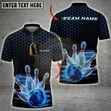 Maxcorners Custom Black And Blue Hexagon Flame Bowling Polo Shirts For Men, Bowling Team Shirt LM3006