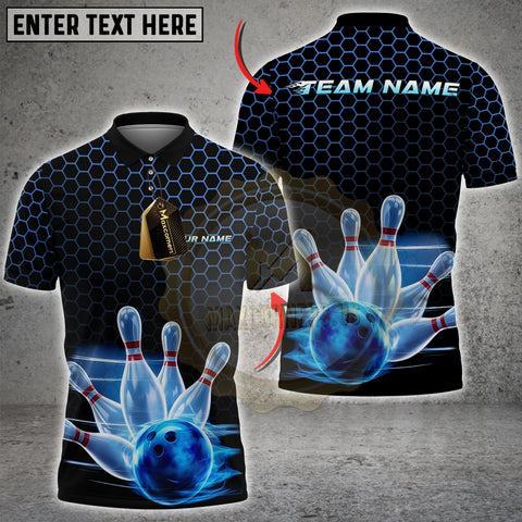 Maxcorners Custom Black And Blue Hexagon Flame Bowling Polo Shirts For Men, Bowling Team Shirt LM3006