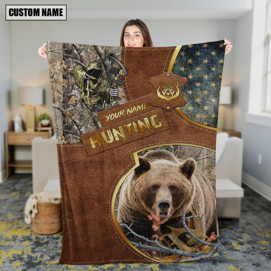 Maxcorners Bear Hunting Leather Texture Cross & American Flag Personalized Name 3D Blanket