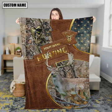 Maxcorners Fallow Deer Hunting Leather Texture Cross & American Flag Personalized Name 3D Blanket
