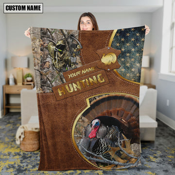 Maxcorners Turkey Hunting Leather Texture Cross & American Flag Personalized Name 3D Blanket