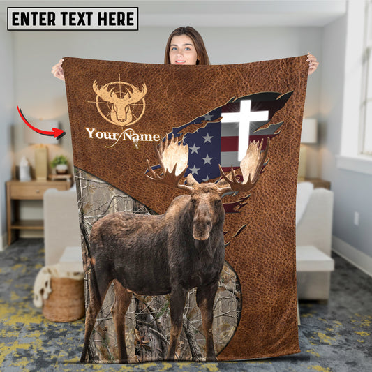 Maxcorners Moose Hunting Leather Texture Cross & American Flag Personalized Name 3D Blanket