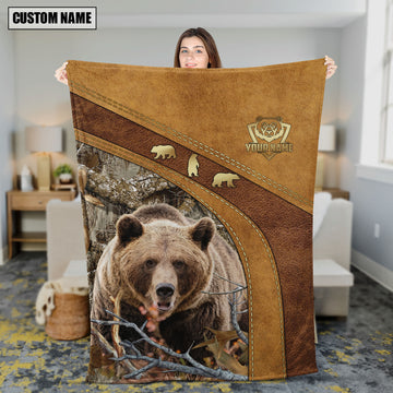 Maxcorners Bear Hunting Leather Stitching Woodland Scene Personalized Name 3D Blanket