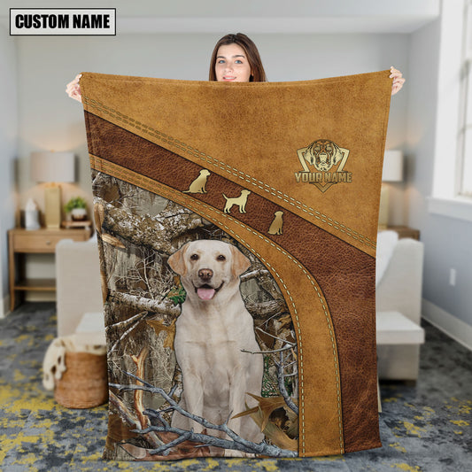 Maxcorners Hunting Dog Leather Stitching Woodland Scene Personalized Name 3D Blanket