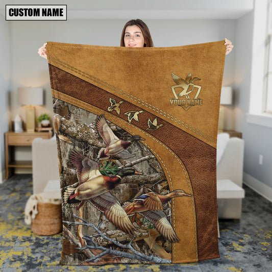 Maxcorners Duck Hunting Leather Stitching Woodland Scene Personalized Name 3D Blanket