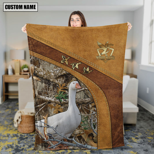 Maxcorners Goose Hunting Leather Stitching Woodland Scene Personalized Name 3D Blanket