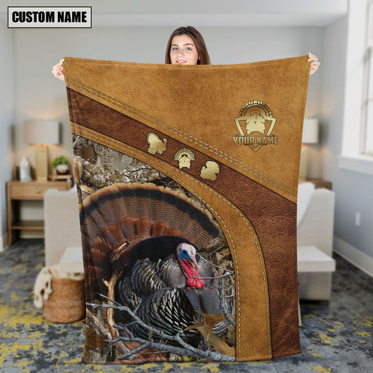 Maxcorners Turkey Hunting Leather Stitching Woodland Scene Personalized Name 3D Blanket