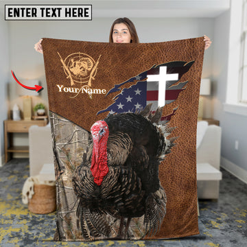 Maxcorners Turkey Hunting Leather Texture Cross & American Flag Personalized Name 3D Blanket