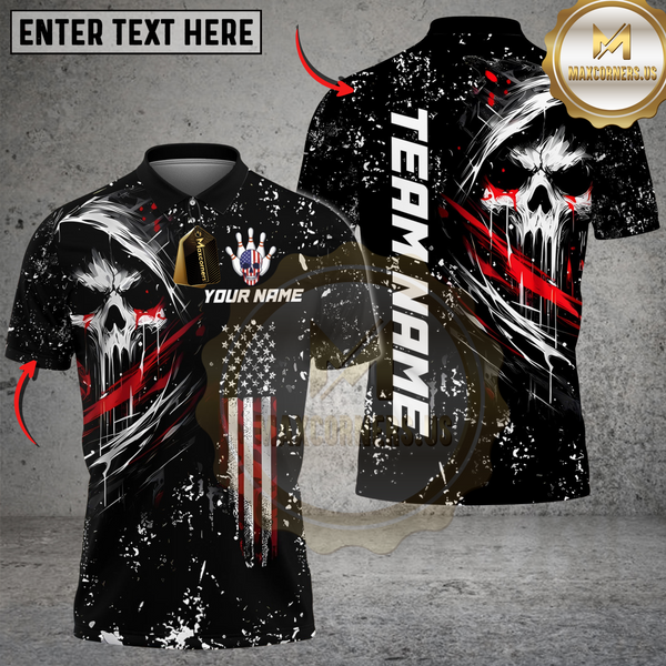 Maxcorners Bowling Grim Skull with American Flag Personalized Name 3D Unisex Shirt