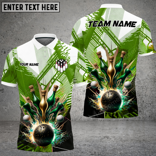 Maxcorners Bowling Ball & Pins Color Ink Multicolor Option Customized Name, Team Name 3D Polo Shirt (6 Colors)
