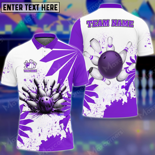 Maxcorners Bowling Ball & Pins Flowers Multicolor Option Customized Name, Team Name 3D Polo Shirt (6 Colors)