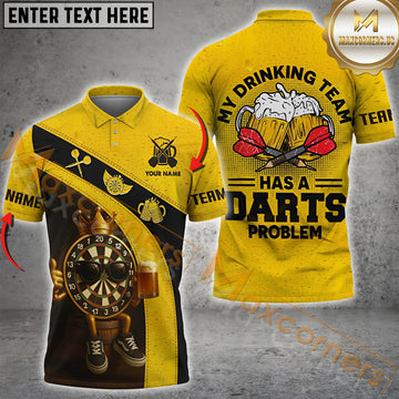 Maxcorners Darts Yellow Beer & Dartboard Tee for Funny Drinking Team Customized Name, Team Name 3D Polo Shirt