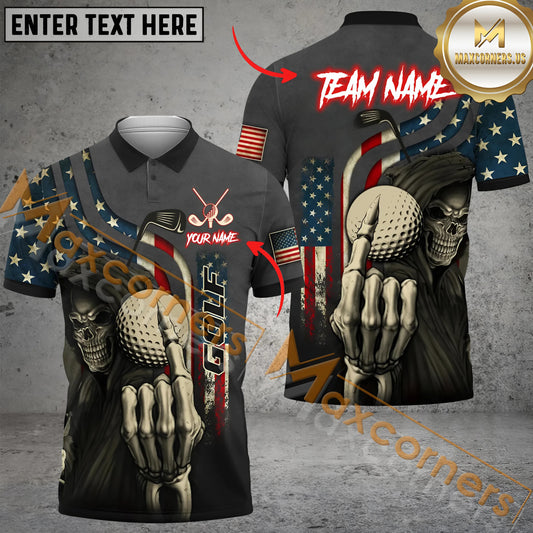 Maxcorners Golf Skull Reaper American Flag Customized Name, Team Name 3D Polo Shirt