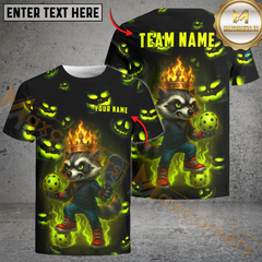 Maxcorners Pickleball Neon Raccoon Flame Crown Customized Name & Team Name 3D Shirts