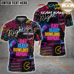 Maxcorners Bowling Eat Sleep Bowl Repeat Neon Style Multicolor Customized Name, Team Name 3D Shirts