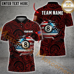 Maxcorners Billiard American Flag 8-Ball With Tribal Pattern Multicolor Customized Name, Team Name 3D Shirts
