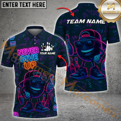 Maxcorners Neon Bowling Shirt - Never Give Up Multicolor Customized Name, Team Name 3D Shirts