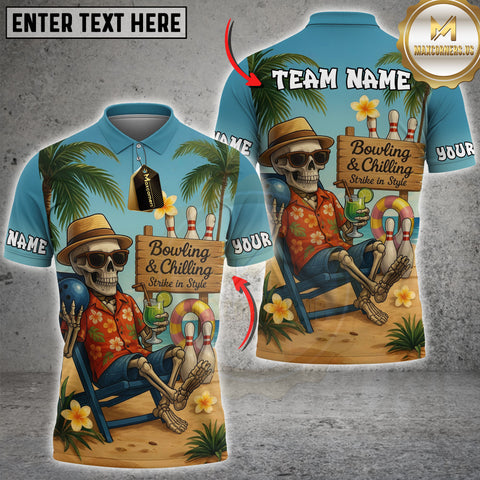Maxcorners Bowling Skeleton Beach Chill Personalized Name, Team Name Unisex 3D Shirts