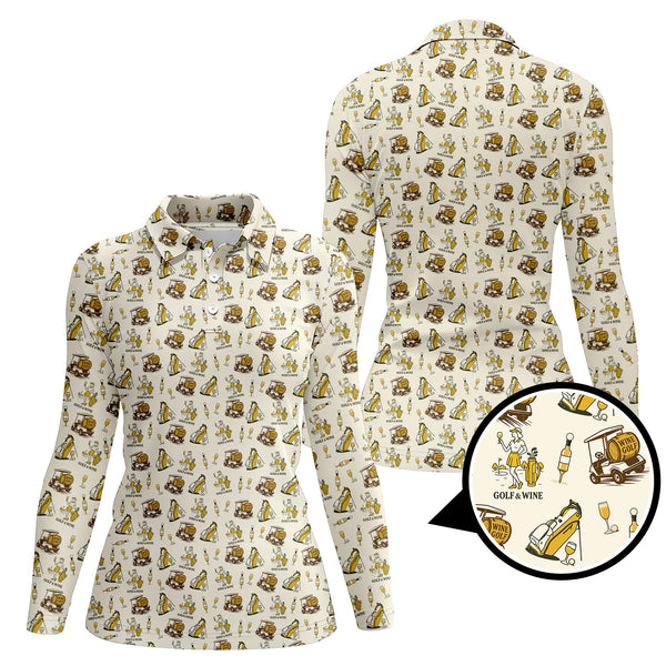 Maxcorners Yellow Golf Polos For Women, Funny Golf & Wine Shirts, Pattern Ladies Golf Shirt For Wine Lovers