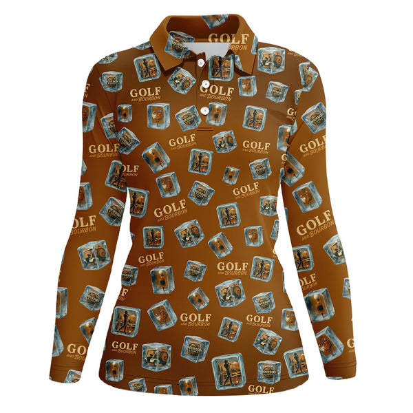 Maxcorners Funny Golf And Bourbon Polos, Brown Golf Shirt with Whiskey Ice Cube For Men, Pattern Crazy Golf Shirts For Golfers