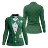 Maxcorners St Patrick's Day Green Shamrock Suit Whiskey Golf Print Golf Shirt, Women's Golf Tops, Ladies Golf Polos