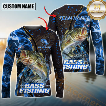 Maxcorners Bass Fishing Blue Flame Smoke Line Style Sport Jersey Personalized Name, Team Name Long Sleeve Shirt