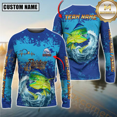 Custom Mahi Mahi Fishing Shirt Long Sleeve – 3D Jumping Fish Design with Personalized Name and Team Name for Angler