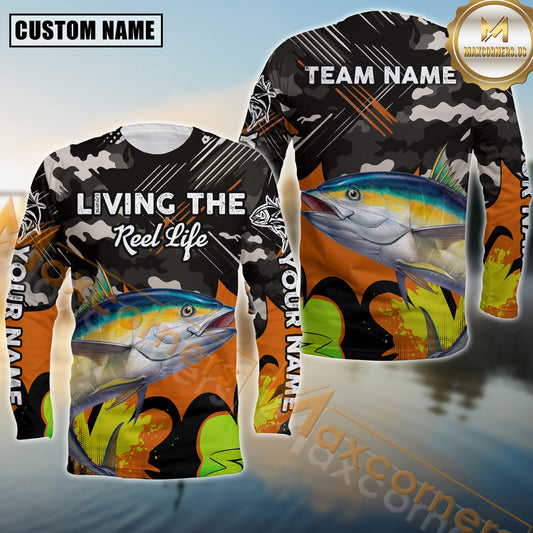 Maxcorners Tuna Fishing Jersey Living the Reel Life Camo Style Sport Jersey Personalized Name, Team Name Long Sleeve Shirt