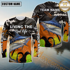 Maxcorners Marlin Fishing Jersey Living the Reel Life Camo Style Sport Jersey Personalized Name, Team Name Long Sleeve Shirt