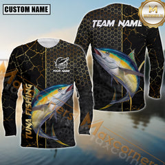 Maxcorners Tuna Fishing Jersey Gold Black Honeycomb Sport Jersey Personalized Name, Team Name Long Sleeve Shirt