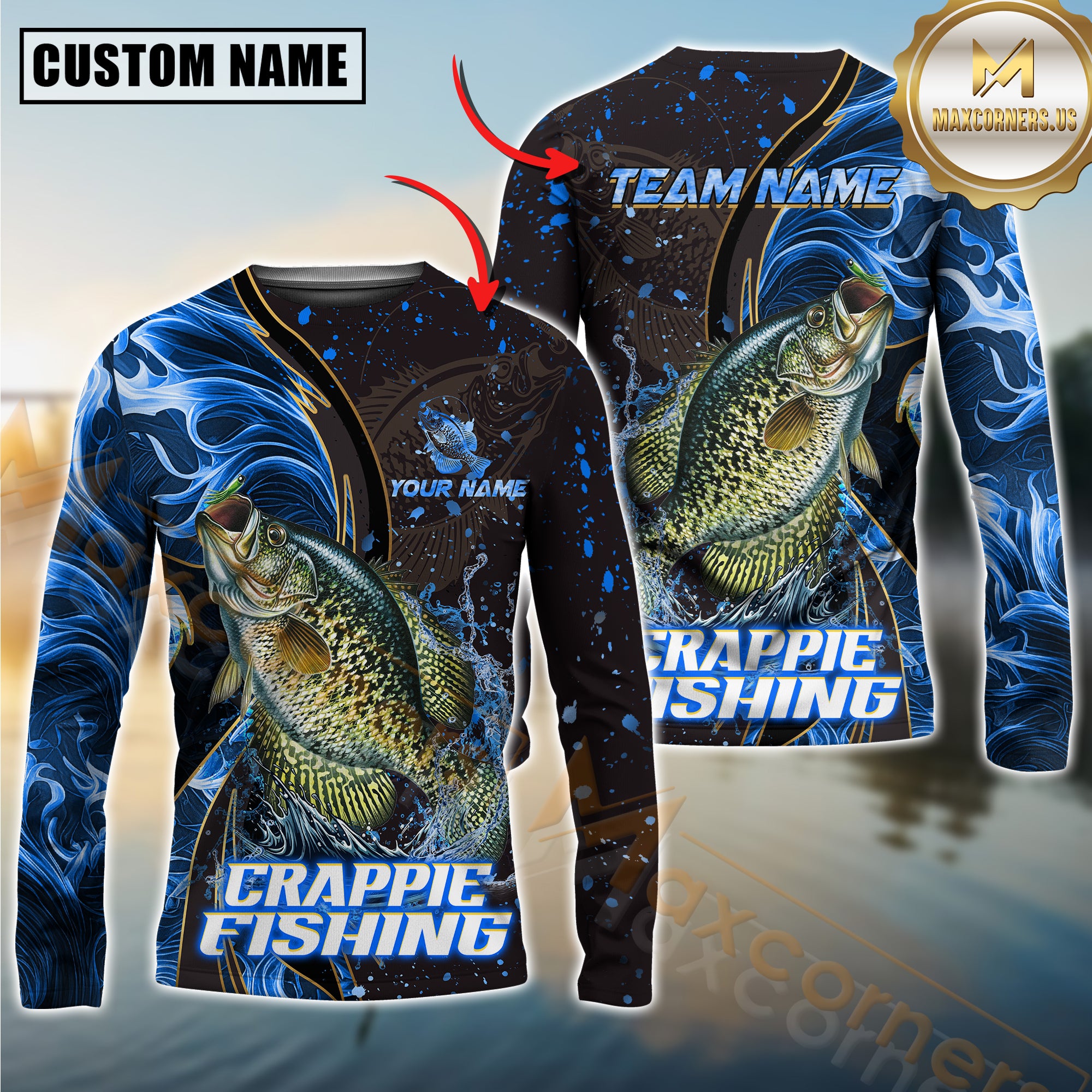 Custom Crappie Fishing Shirt Long Sleeve – 3D Jumping Fish Design with Personalized Name and Team Name for Angler