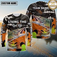 Maxcorners Pike Fishing Jersey Living the Reel Life Camo Style Sport Jersey Personalized Name, Team Name Long Sleeve Shirt