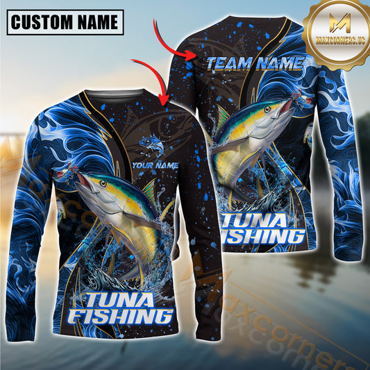 Maxcorners Tuna Fishing Blue Flame Smoke Line Premium Style Sport Jersey Personalized Name, Team Name Long Sleeve Shirt