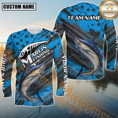 Maxcorners Marlin Fishing Blue Star Grunge Style Pattern Sport Jersey Personalized Name, Team Name Long Sleeve Shirt