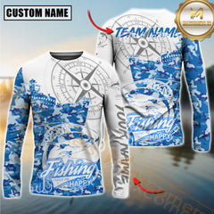 Maxcorners Tuna Fishing Blue Camouflage Compass Hook Design Pattern Sport Jersey Personalized Name, Team Name Long Sleeve Shirt