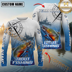 Maxcorners Trout Fishing Realistic Fish Compass Anchor Pattern Sport Jersey Personalized Name, Team Name Long Sleeve Shirt